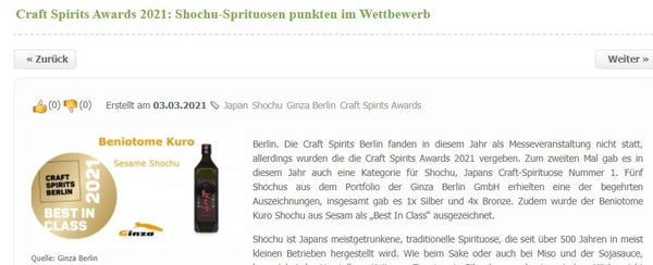 Gastro-News - Craft Spirits Awards 2021 - Shochu successful once again